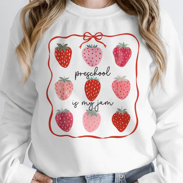 Preschool Is My Jam Strawberry Teacher First Day Of School Women Crewneck Sweatshirt, funny design Preschool Is My Jam Strawberry Teacher First Day Of School Women Crewneck Sweatshirt, funny design