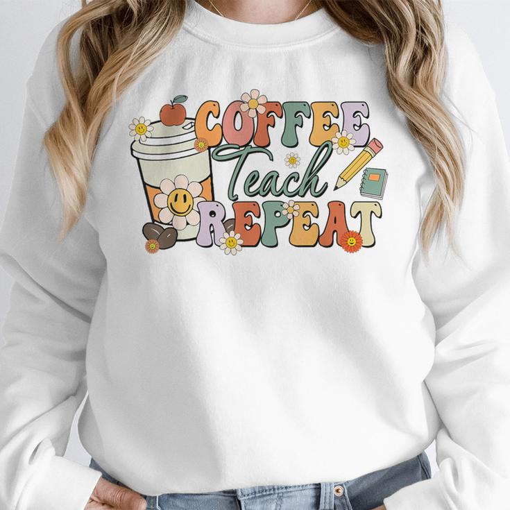 Retro Grovvy Coffee Teach Repeat Teacher Women Crewneck Sweatshirt, funny design
