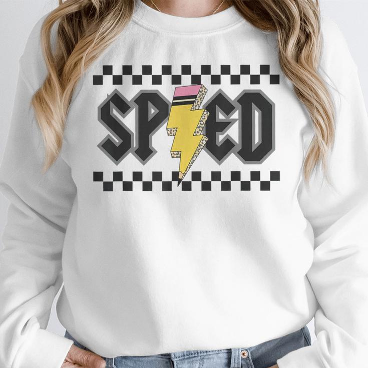 Retro SPED Teacher Pencil Lightning Bolt Back To School Women Crewneck Sweatshirt, funny design Retro SPED Teacher Pencil Lightning Bolt Back To School Women Crewneck Sweatshirt, funny design