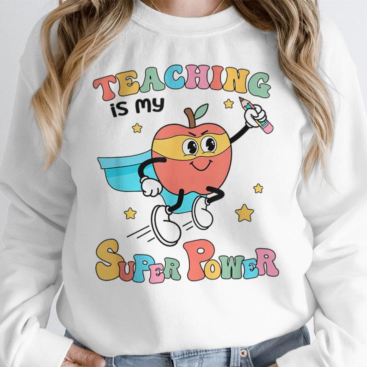 Retro Teaching Is My Superpower Apple Teacher Appreciation Women Crewneck Sweatshirt, funny design Retro Teaching Is My Superpower Apple Teacher Appreciation Women Crewneck Sweatshirt, funny design