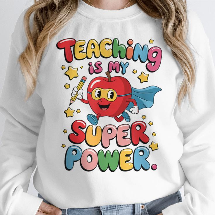 Retro Teaching Is My Superpower Apple Teacher Appreciation Women Crewneck Sweatshirt, funny design Retro Teaching Is My Superpower Apple Teacher Appreciation Women Crewneck Sweatshirt, funny design