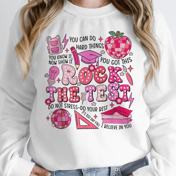 Rock The Test Testing Day Don't Stress Do Your Best Teacher For Men Women Girls Kids Women Crewneck Sweatshirt, funny design