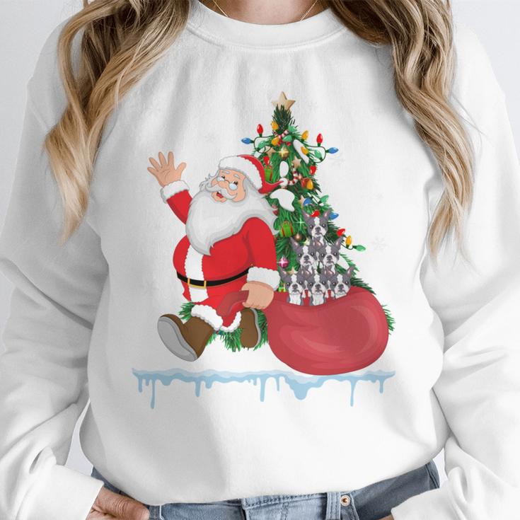 Santa Ugly Christmas Tree Lights Boston Terrier Dog Lover Women Crewneck Sweatshirt, Boston Terrier Christmas Gifts, funny design