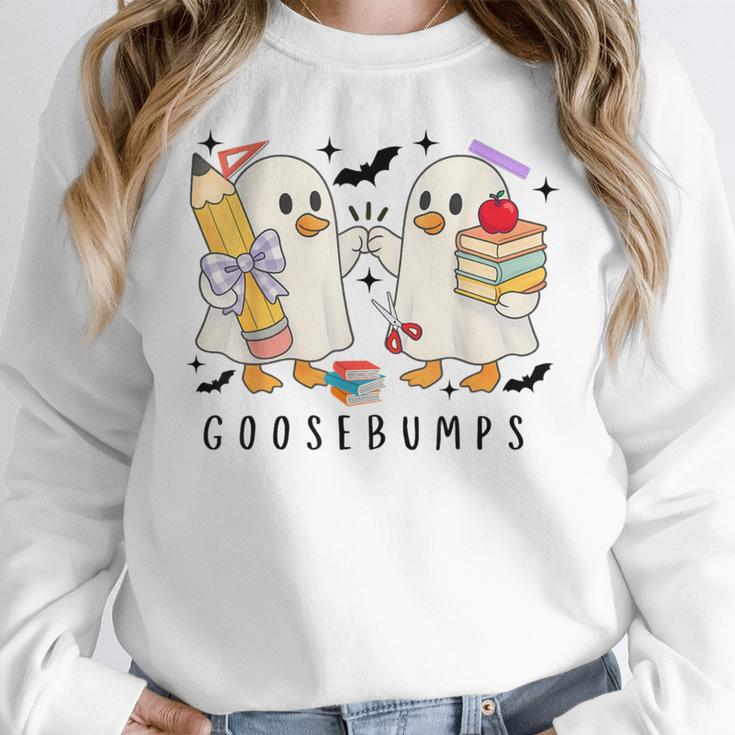 Silly Goose Spooky Teacher Halloween Cute Goosebumps Women Crewneck Sweatshirt, funny design