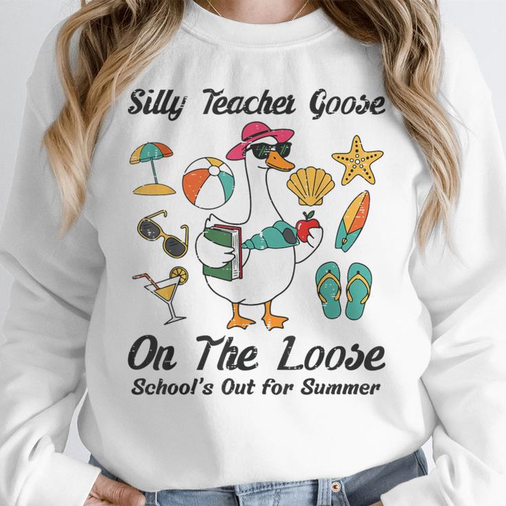 Silly Teacher Goose On The Loose School Out Summer Women Men Women Crewneck Sweatshirt, funny design