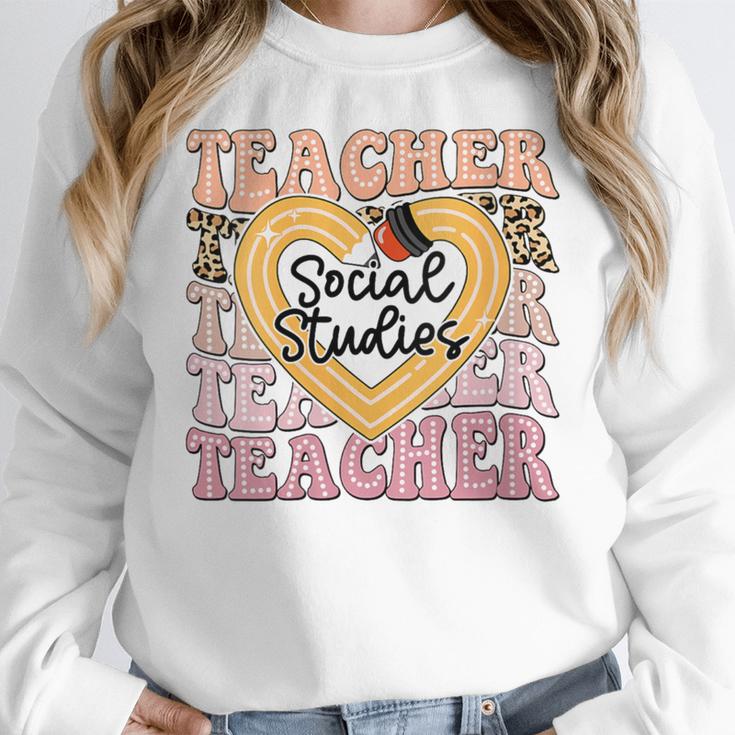 Social Studies Teacher Pencil Heart Leopard Back To School Women Crewneck Sweatshirt, funny design