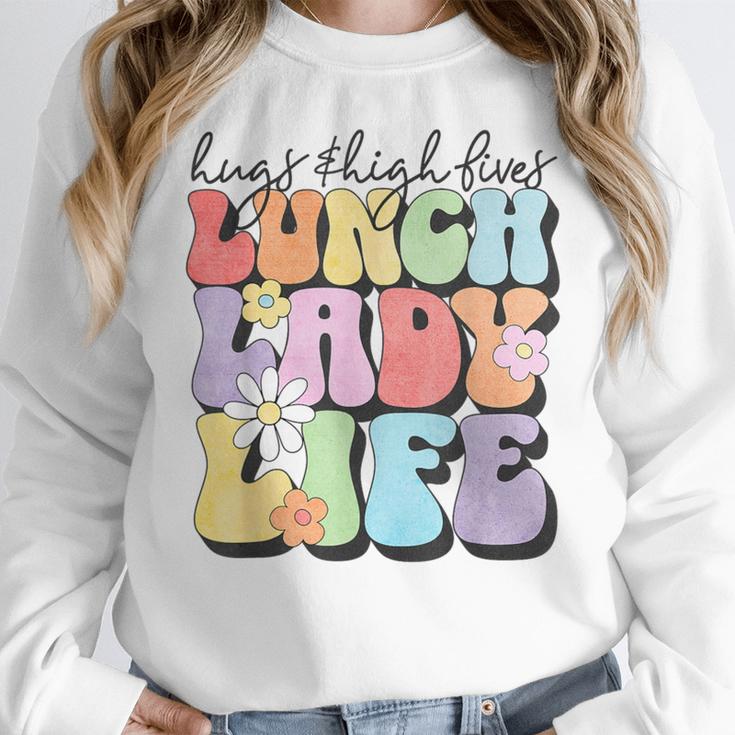 Soul Bleach Teacher Staff First Day Of School Last Hugs & High Fives Lunch Lady Vibes Blue Classic Fit Women Crewneck Sweatshirt, funny design Soul Bleach Teacher Staff First Day Of School Last Hugs & High Fives Lunch Lady Vibes Blue Classic Fit Women Crewneck Sweatshirt, funny design