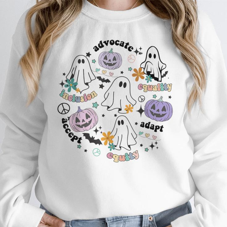 Special Education Teacher Halloween Pumpkin Ghost Inclusion Women Crewneck Sweatshirt, funny design