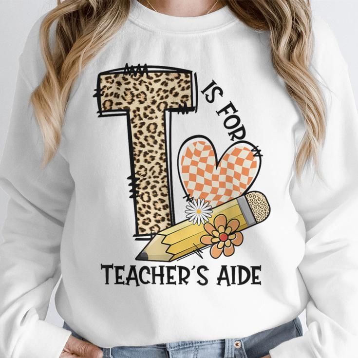 T Is For Teacher’s Aide Back To First Day Of School Leopard Men Women Girls Kids Women Crewneck Sweatshirt, funny design