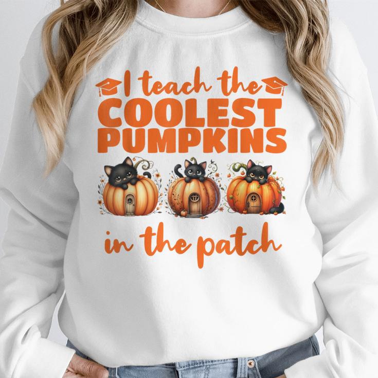 I Teach The Cutest Pumpkins Halloween Teacher Cat Lover Women Crewneck Sweatshirt, funny design