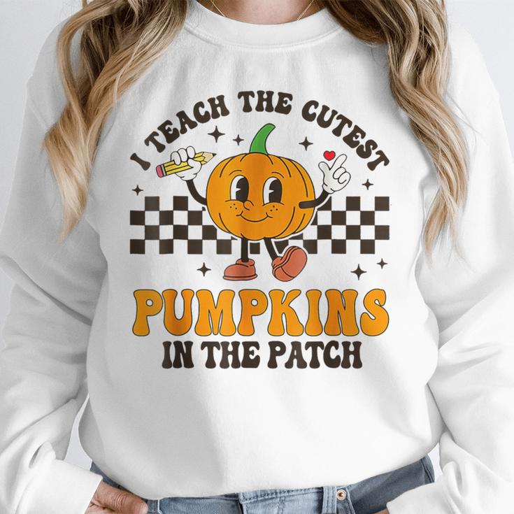 I Teach The Cutest Pumpkins In The Patch Groovy Teacher Fall Women Crewneck Sweatshirt, Groovy Teacher Gifts, funny design