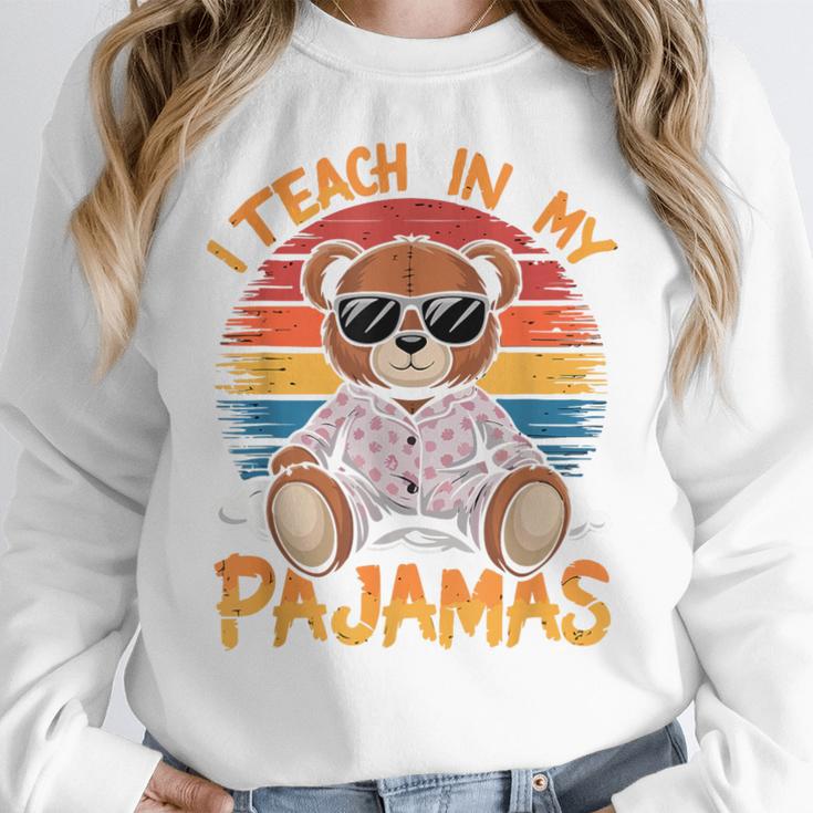 I Teach In My Pajamas Teacher Sunset Bear Retro Women Crewneck Sweatshirt, funny design