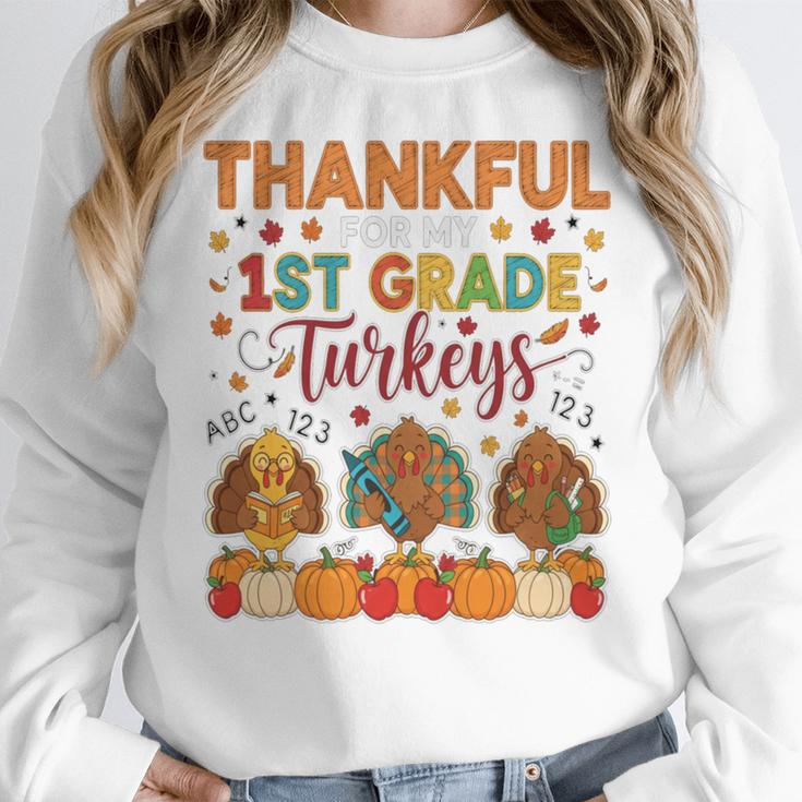 Teach Thanksgiving Teacher Thankful For My 1st Grade Turkeys Women Crewneck Sweatshirt, funny design Teach Thanksgiving Teacher Thankful For My 1st Grade Turkeys Women Crewneck Sweatshirt, funny design
