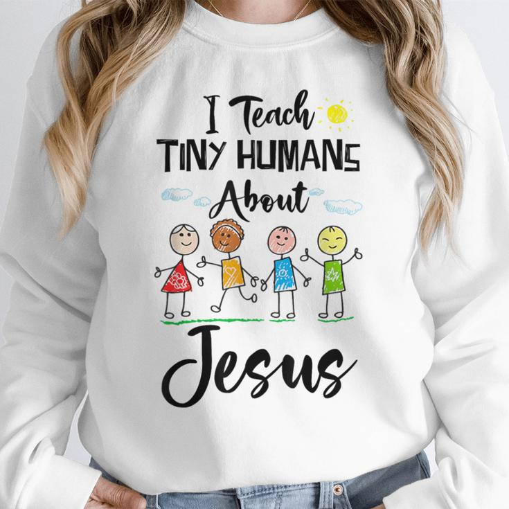 I Teach Tiny Humans About Jesus Sunday School Teacher Women Crewneck Sweatshirt, funny design I Teach Tiny Humans About Jesus Sunday School Teacher Women Crewneck Sweatshirt, funny design