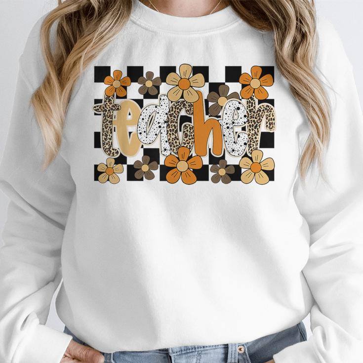 Teacher Appreciation Boho Floral Leopard Checkered Women Crewneck Sweatshirt, funny design