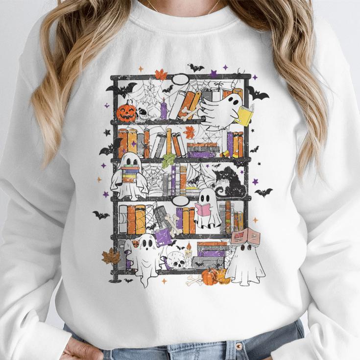 Teacher Library Ghost Reading Book Halloween Cat Women Crewneck Sweatshirt, funny design Teacher Library Ghost Reading Book Halloween Cat Women Crewneck Sweatshirt, funny design