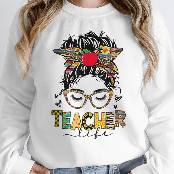 Teacher Life Messy Bun Glasses Leopard Sunflower Women Crewneck Sweatshirt, funny design Teacher Life Messy Bun Glasses Leopard Sunflower Women Crewneck Sweatshirt, funny design