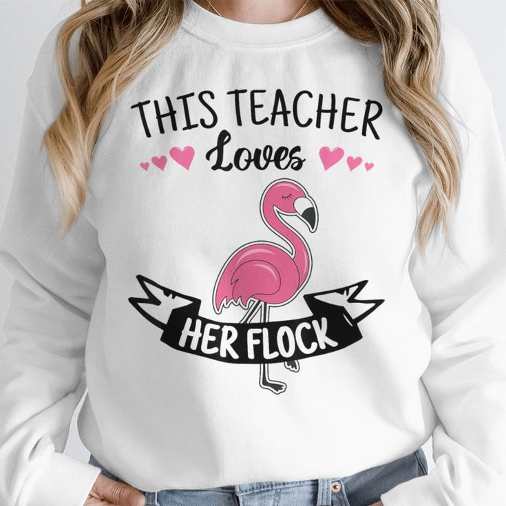 This Teacher Loves Her Flock Cute Flamingo Teacher Women Crewneck Sweatshirt, funny design