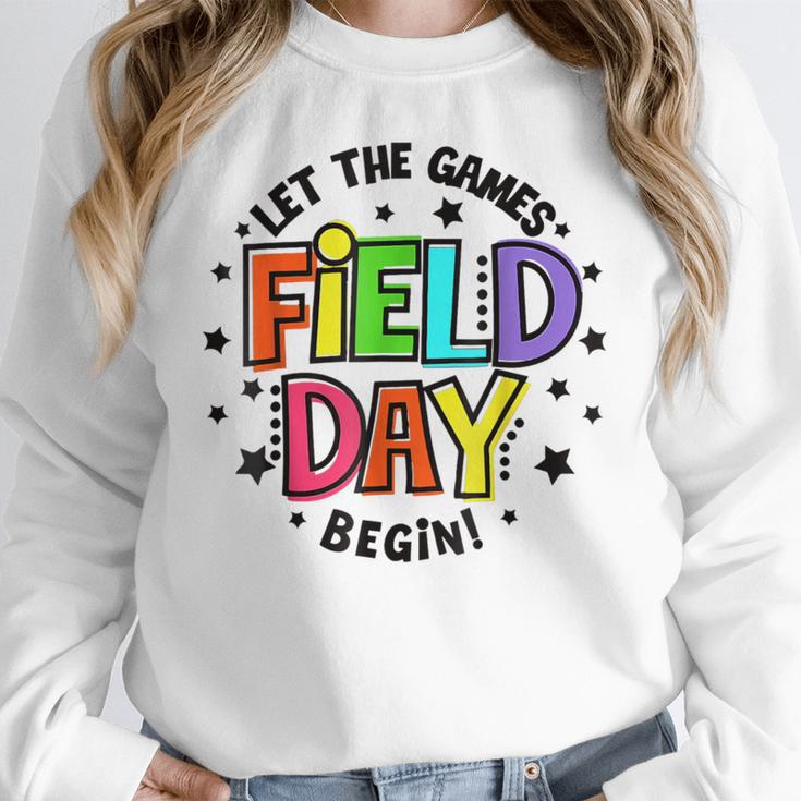 Teacher Student Field Day Let The Games Begin Field Day Women Crewneck Sweatshirt, funny design Teacher Student Field Day Let The Games Begin Field Day Women Crewneck Sweatshirt, funny design