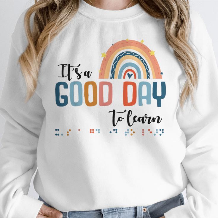 Teacher Of Visually Impaired Braille A Good Day To Learn Women Crewneck Sweatshirt, funny design