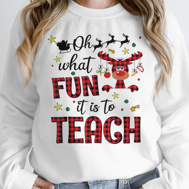 Teachers Oh What Fun It Is To Teach Cute Red Plaid Reindeer Women Crewneck Sweatshirt, funny design Teachers Oh What Fun It Is To Teach Cute Red Plaid Reindeer Women Crewneck Sweatshirt, funny design