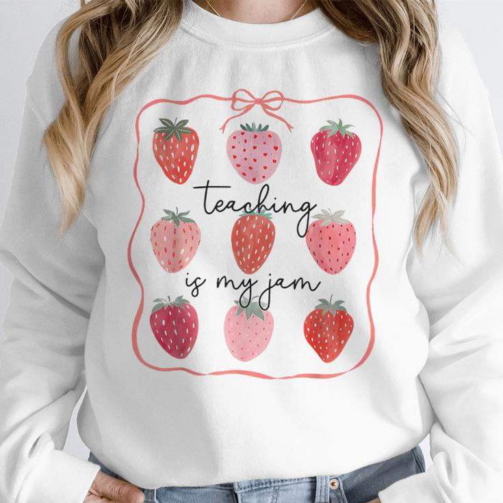Teaching Is My Jam Teacher Team Crew Cute Strawberry Girls Women Crewneck Sweatshirt, funny design