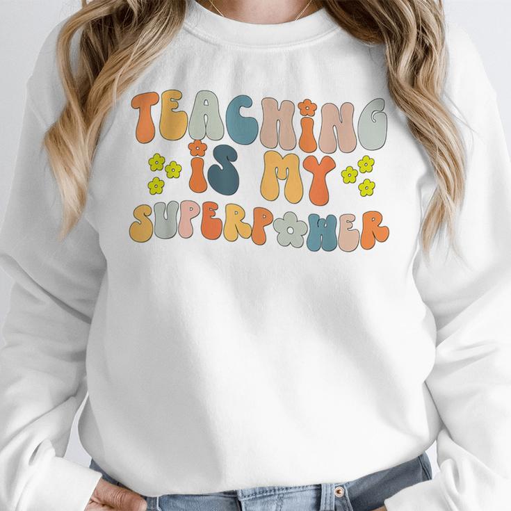 Teaching Is My Superpower Vintage Groovy University Teacher Women Crewneck Sweatshirt, Groovy Teacher Gifts, funny design Teaching Is My Superpower Vintage Groovy University Teacher Women Crewneck Sweatshirt, Groovy Teacher Gifts, funny design