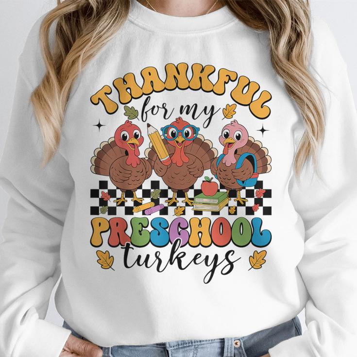 Thankful For My Preschool Turkeys Thanksgiving Teacher Fall Women Crewneck Sweatshirt, funny design Thankful For My Preschool Turkeys Thanksgiving Teacher Fall Women Crewneck Sweatshirt, funny design