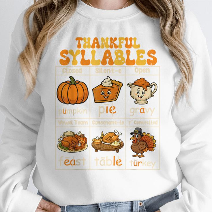 Thankful Syllables Teacher Thanksgiving Educational Kids Women Crewneck Sweatshirt, funny design