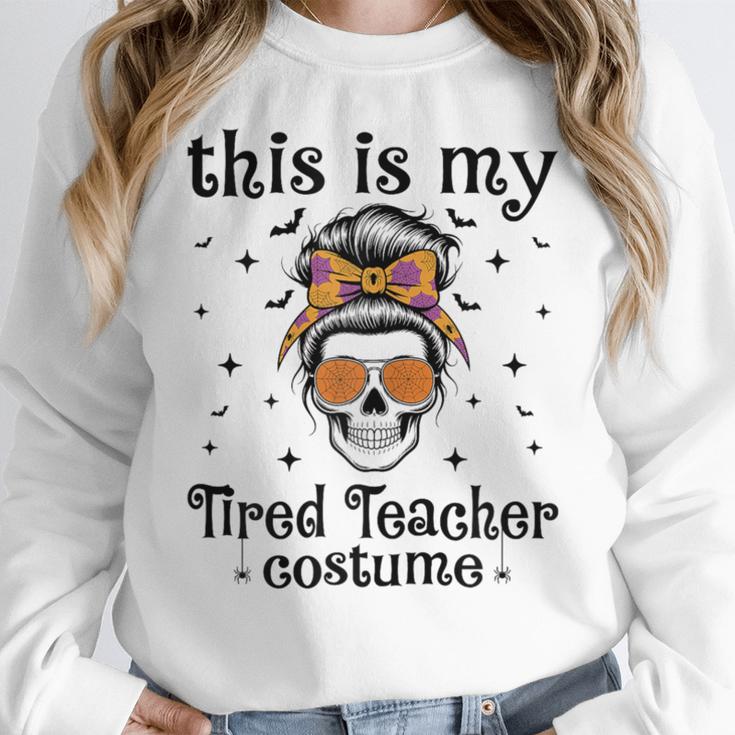 This Is My Tired Teacher Costume Skull Halloween Messy Bun Women Crewneck Sweatshirt, funny design This Is My Tired Teacher Costume Skull Halloween Messy Bun Women Crewneck Sweatshirt, funny design