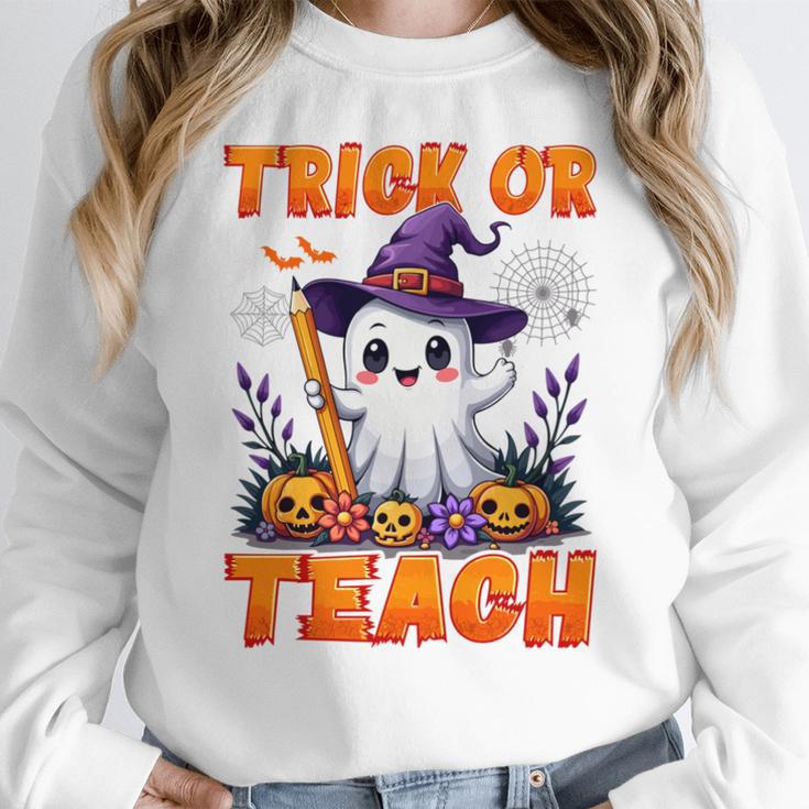 Trick Or Teach Teacher Halloween Ghost Pencil Floral Women Crewneck Sweatshirt, funny design