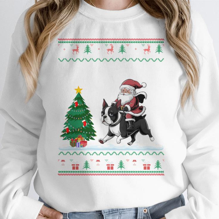 Ugly Christmas Tree Lights Xmas Santa Riding Boston Terrier Women Crewneck Sweatshirt, Boston Terrier Christmas Gifts, Boston Terrier Riding Gifts, funny design