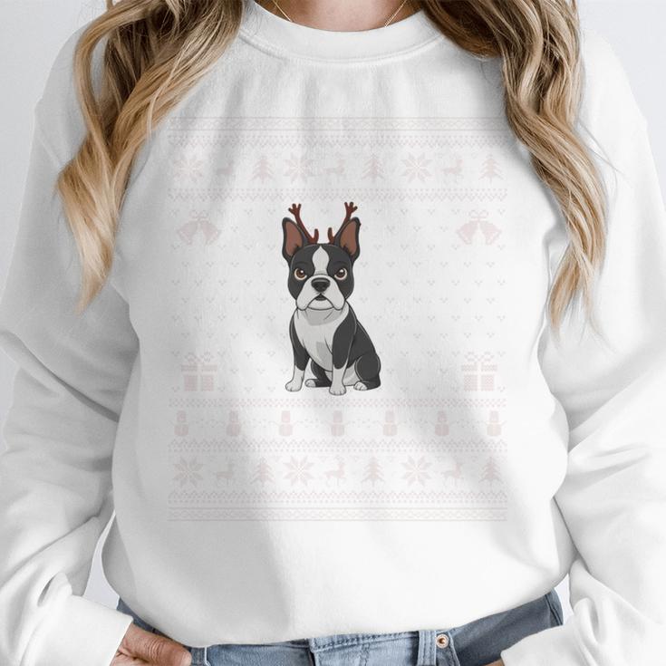 Ugly Xmas Sweater Style Boston Terrier Reindeer Christmas Women Crewneck Sweatshirt, Boston Terrier Christmas Gifts, funny design