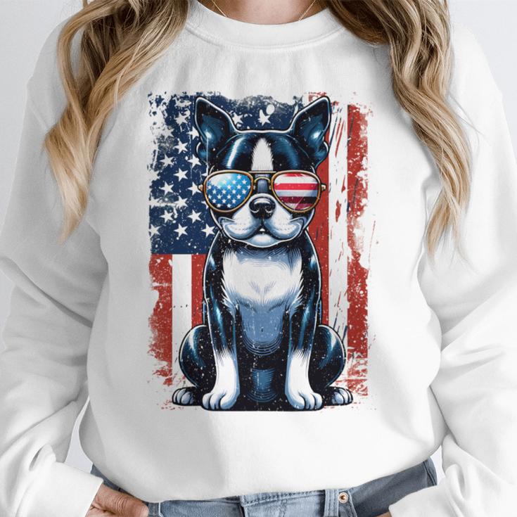 Vintage Boston Terrier Dog American US USA Flag Pets Dogs Women Crewneck Sweatshirt, American Boston Terrier Gifts, funny design