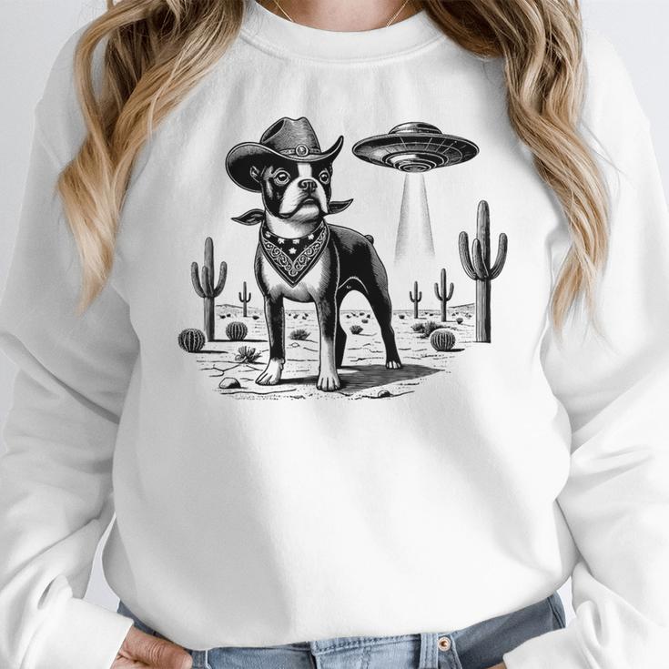 Vintage Boston Terrier UFO Western Wild West Dog Mom Dad Women Crewneck Sweatshirt, Mom Gifts, Boston Terrier Dad Gifts, Boston Terrier Mom Gifts, funny design