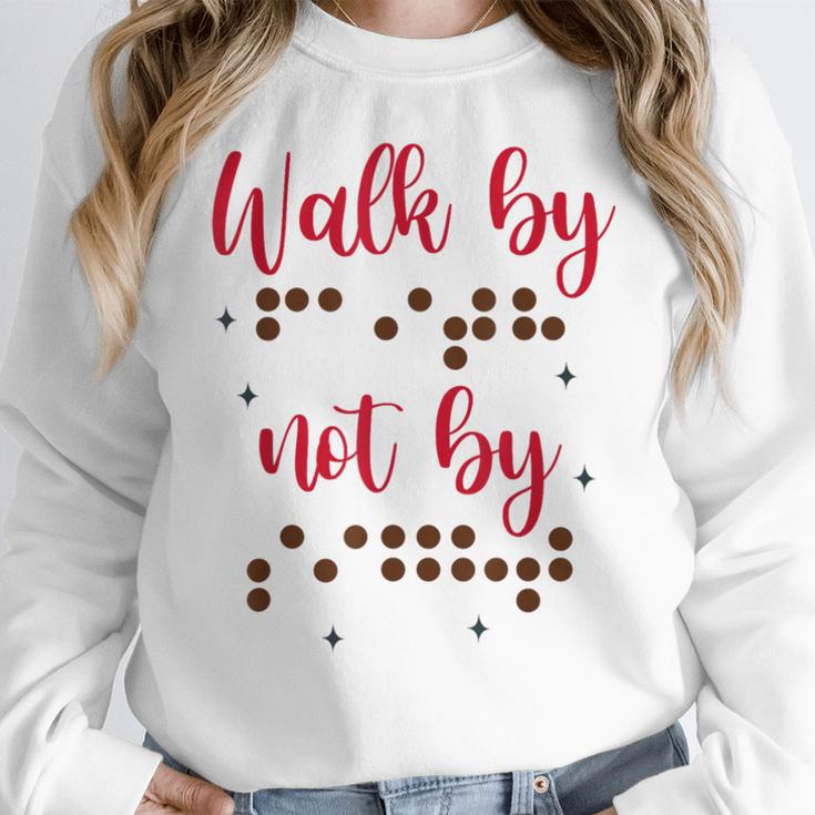 Visually Impaired Teacher Braille Bible Verse Walk By Faith Women Crewneck Sweatshirt, funny design