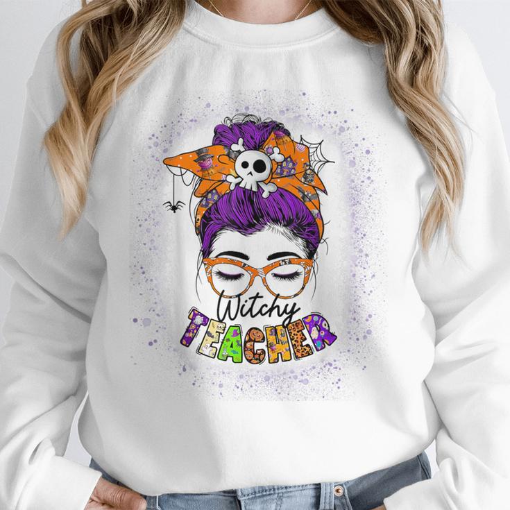Witchy Teacher Halloween Messy Bun Teacher Bleached Women Crewneck Sweatshirt, funny design Witchy Teacher Halloween Messy Bun Teacher Bleached Women Crewneck Sweatshirt, funny design
