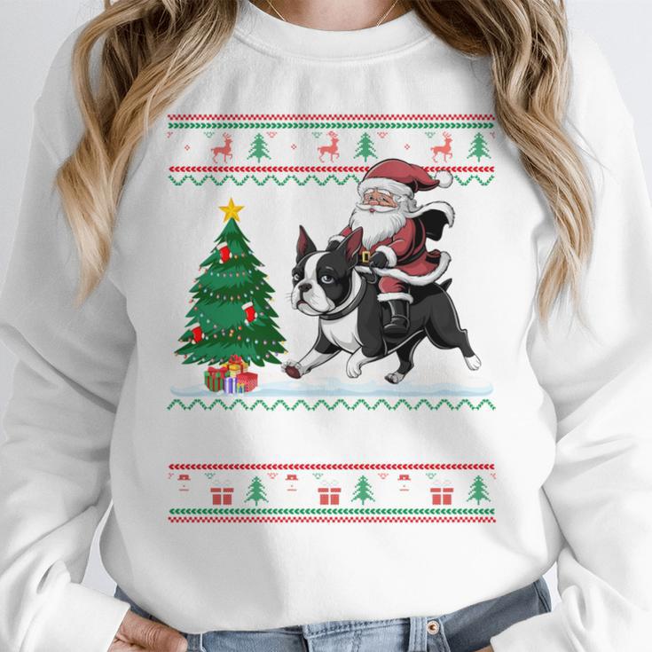 Xmas Tree Lighting Santa Riding Boston Terrier Christmas Women Crewneck Sweatshirt, Boston Terrier Christmas Gifts, Boston Terrier Riding Gifts, funny design