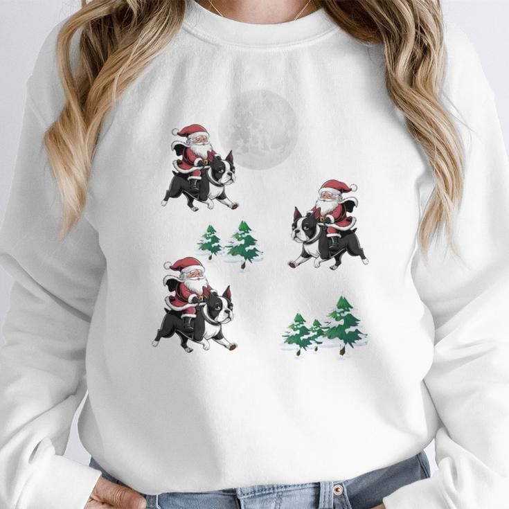 Xmas Tree Santa Riding Boston Terrier Christmas Women Crewneck Sweatshirt, Boston Terrier Christmas Gifts, Boston Terrier Riding Gifts, funny design