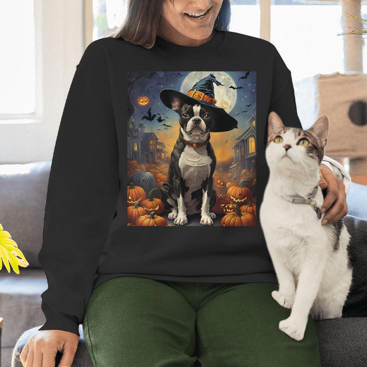 Aesthetic Halloween Boston Terrier Dog Witch Pumpkin For Men Women Kids Women Crewneck Sweatshirt, Boston Terrier Halloween Sweatshirts, gift for family, gift for coworker