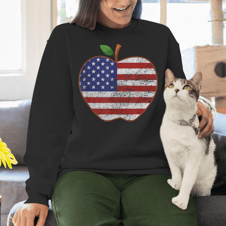 American Flag Teachers Students Apple 4th Of July Vintage Women Crewneck Sweatshirt, gift for family, gift for coworker