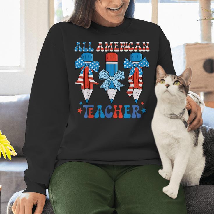All American Teacher Pencil Coquette Bow USA Flag Teachers Women Crewneck Sweatshirt, gift for family, gift for coworker All American Teacher Pencil Coquette Bow USA Flag Teachers Women Crewneck Sweatshirt, gift for family, gift for coworker
