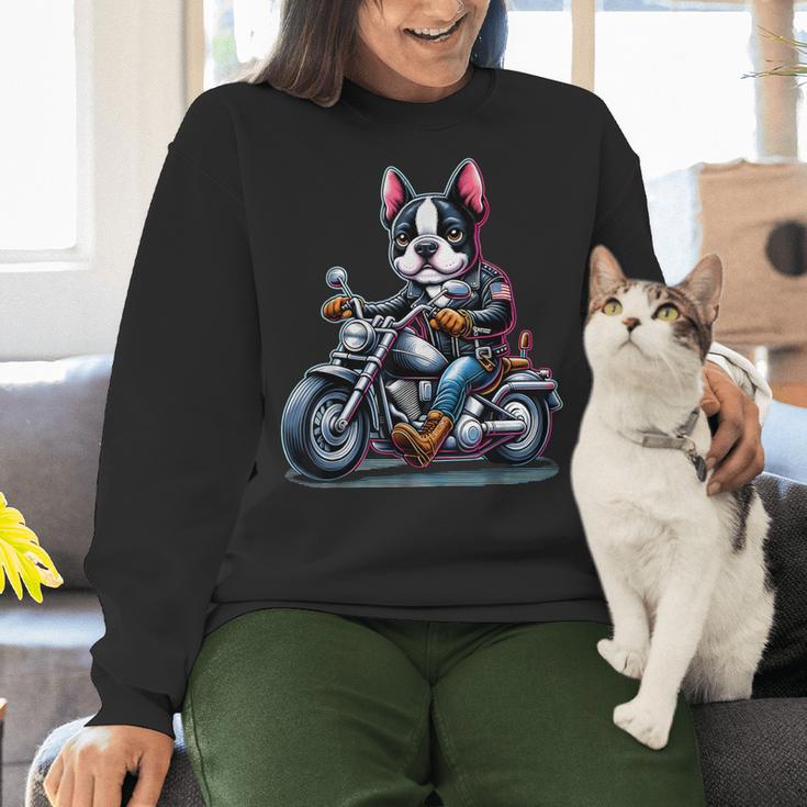 Biker Boston Terrier Dog Riding Motorbike Women Crewneck Sweatshirt, Boston Terrier Riding Sweatshirts, gift for family, gift for coworker