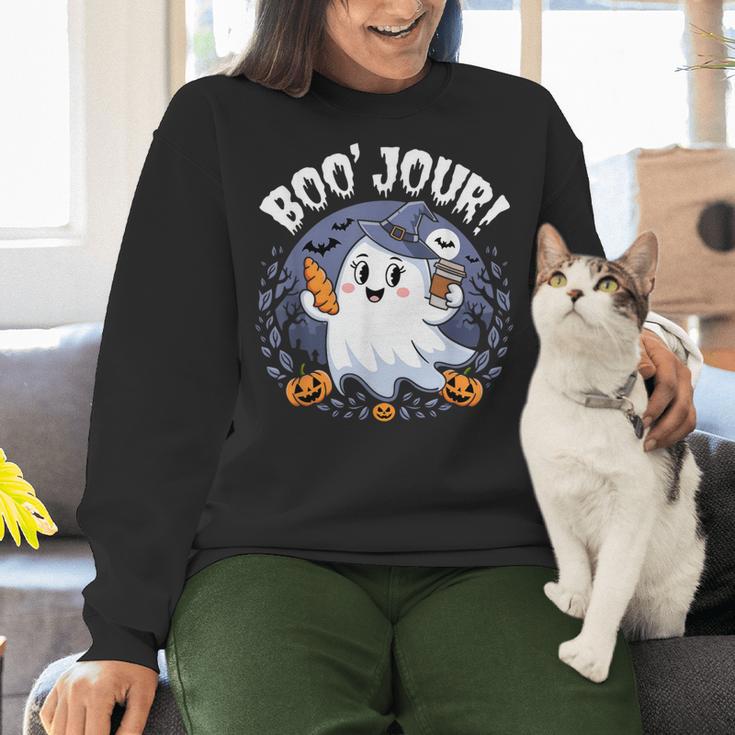 Boo Jour Ghost Halloween French Teacher Cute Coffe Croissant Women Crewneck Sweatshirt, gift for family, gift for coworker