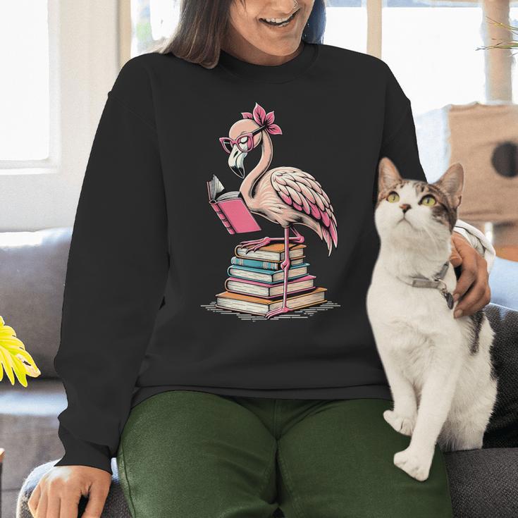 Book Lover Cute Flamingo Reading Teacher Librarian Women Women Crewneck Sweatshirt, gift for family, gift for coworker