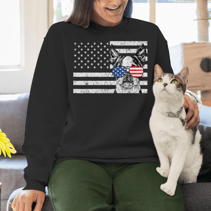 Boston Terrier Dog 4th Of July US American Flag Patriotic Women Crewneck Sweatshirt, American Boston Terrier Sweatshirts, Patriotic Boston Terrier Sweatshirts, Boston Terrier 4th Of July Sweatshirts, gift for family, gift for coworker