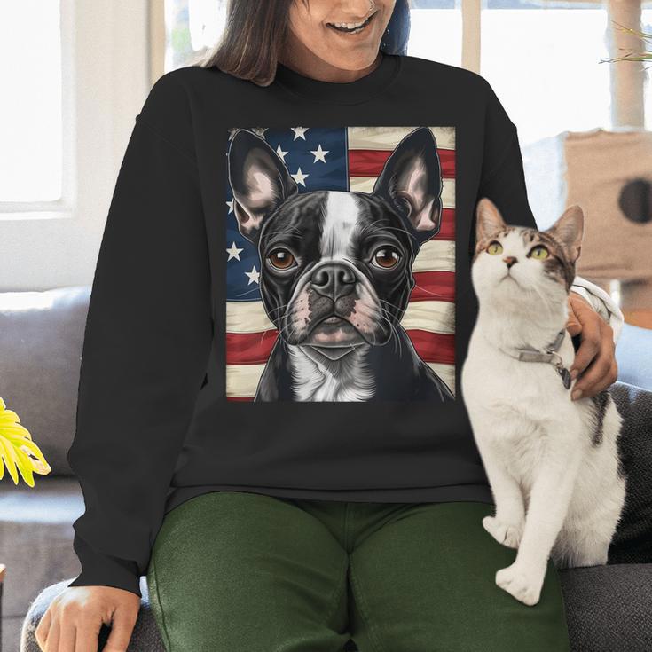 Boston Terrier Dog American Flag 4th Of July Patriotic Puppy Women Crewneck Sweatshirt, American Boston Terrier Sweatshirts, Patriotic Boston Terrier Sweatshirts, Boston Terrier 4th Of July Sweatshirts, gift for family, gift for coworker