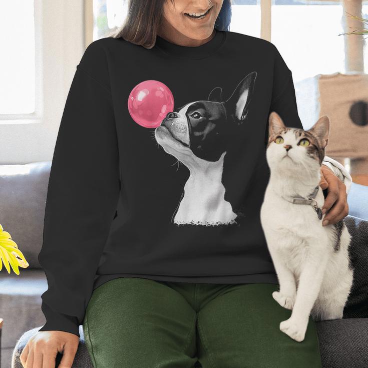 Boston Terrier Dog Blowing Chewing Bubble Gum Pink Women Crewneck Sweatshirt, gift for family, gift for coworker