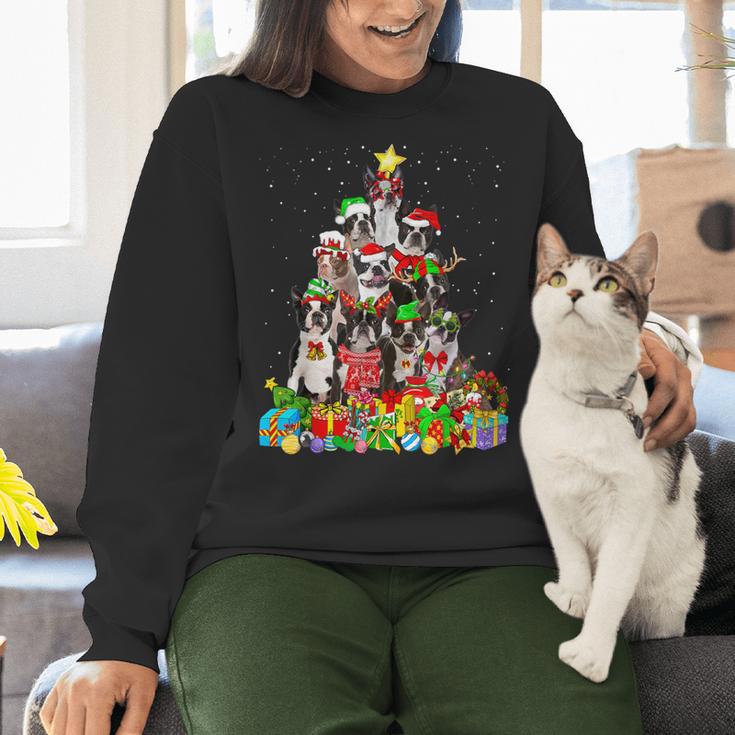 Boston Terrier Dog Christmas Tree Lights Xmas Pajama For Men Women Kids Women Crewneck Sweatshirt, Boston Terrier Christmas Sweatshirts, gift for family, gift for coworker