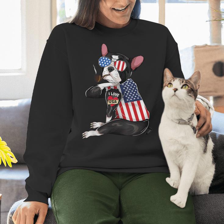 Boston Terrier Dog Merica 4th Of July Usa American Flag Men Women Crewneck Sweatshirt, American Boston Terrier Sweatshirts, Boston Terrier 4th Of July Sweatshirts, gift for family, gift for coworker
